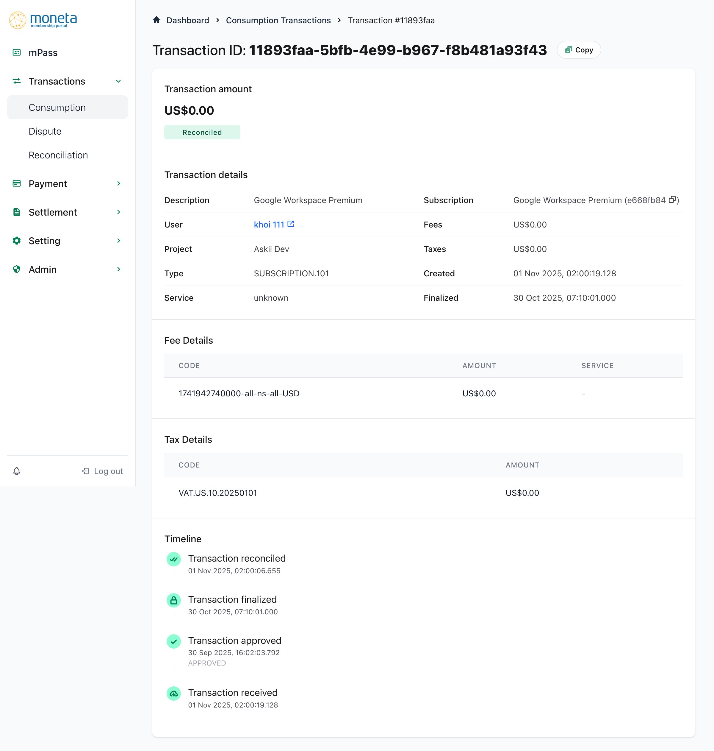 Consumption Transaction Detail
