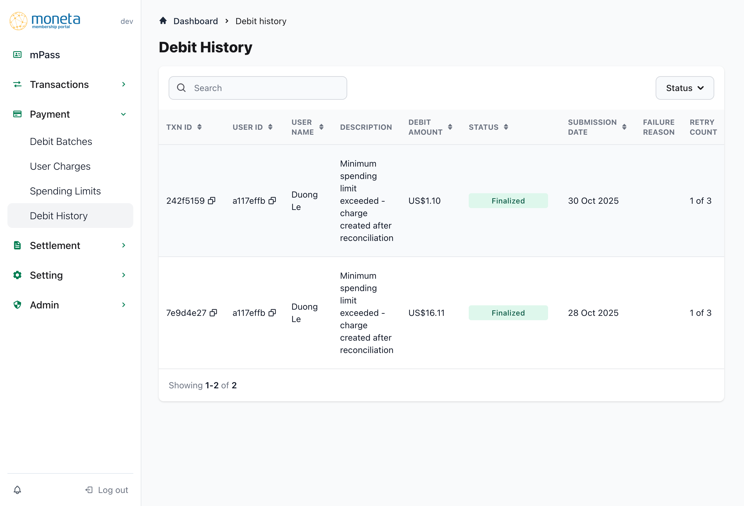 Debit History Overview