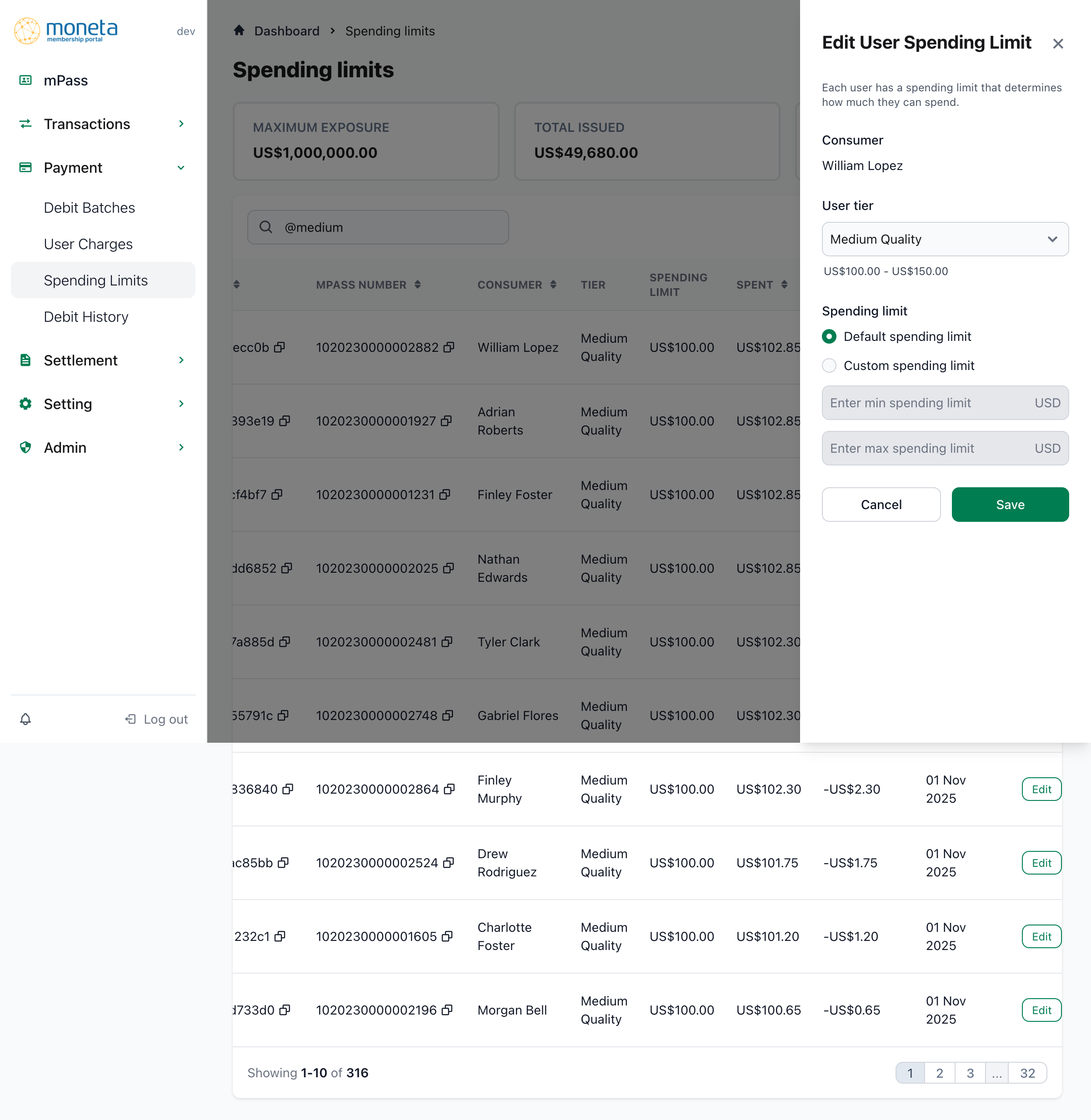 Edit User Spending Limit